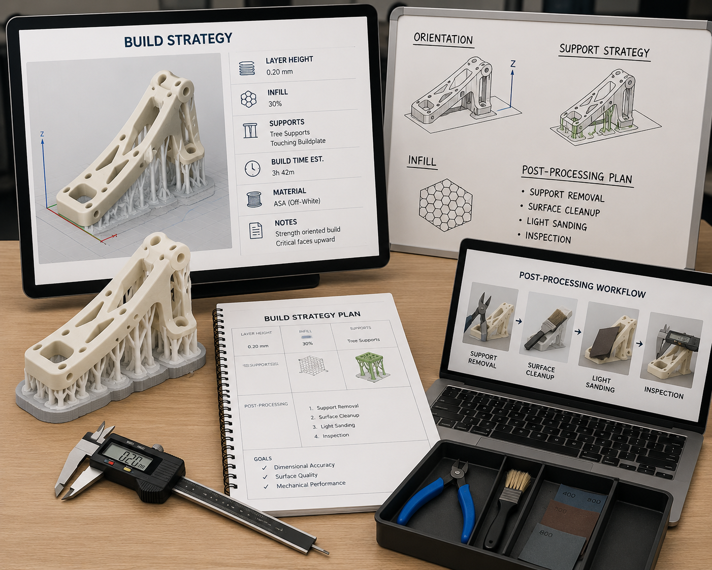 3D print build strategy showing layer height and infill settings