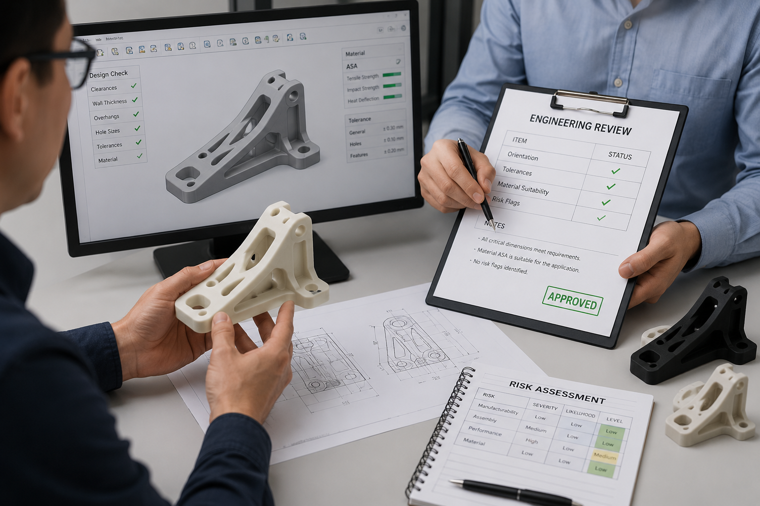 Engineering review of 3D print orientation and tolerances